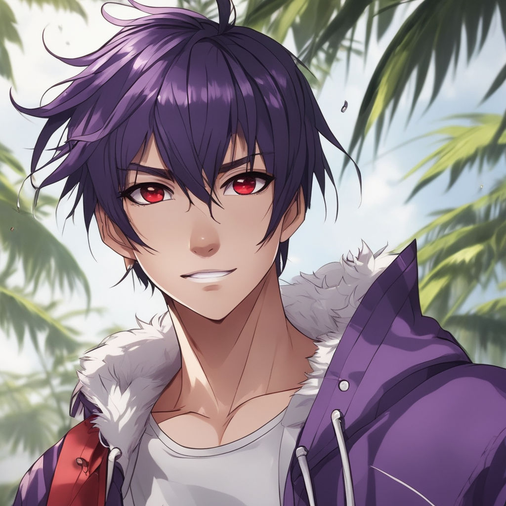 Short dark purple fluffy hair; beautiful light blue eyes; sharp teeth;  small ears; tan skin ripped body build; clothes; very handsome; incredible  face; anime style; manga style; beautiful ; detailed; delinquent; teenager;