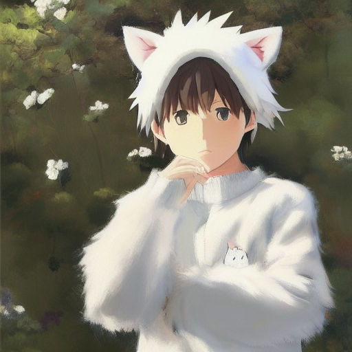 anime boy with white cat ears