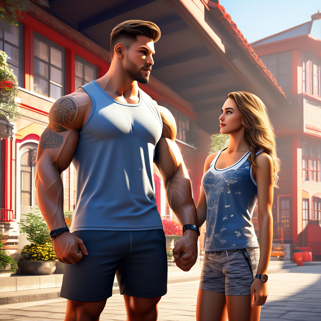 Photorealistic female/skinny male couple walking together. Huge muscle  girl. Muscular girlfriend. wearing t-shirt and jeans. Female bodybuilder.  Enormous bulging breasts. Massive breasts. Perfect full round breasts.  Massive muscles. Huge biceps. Smile 