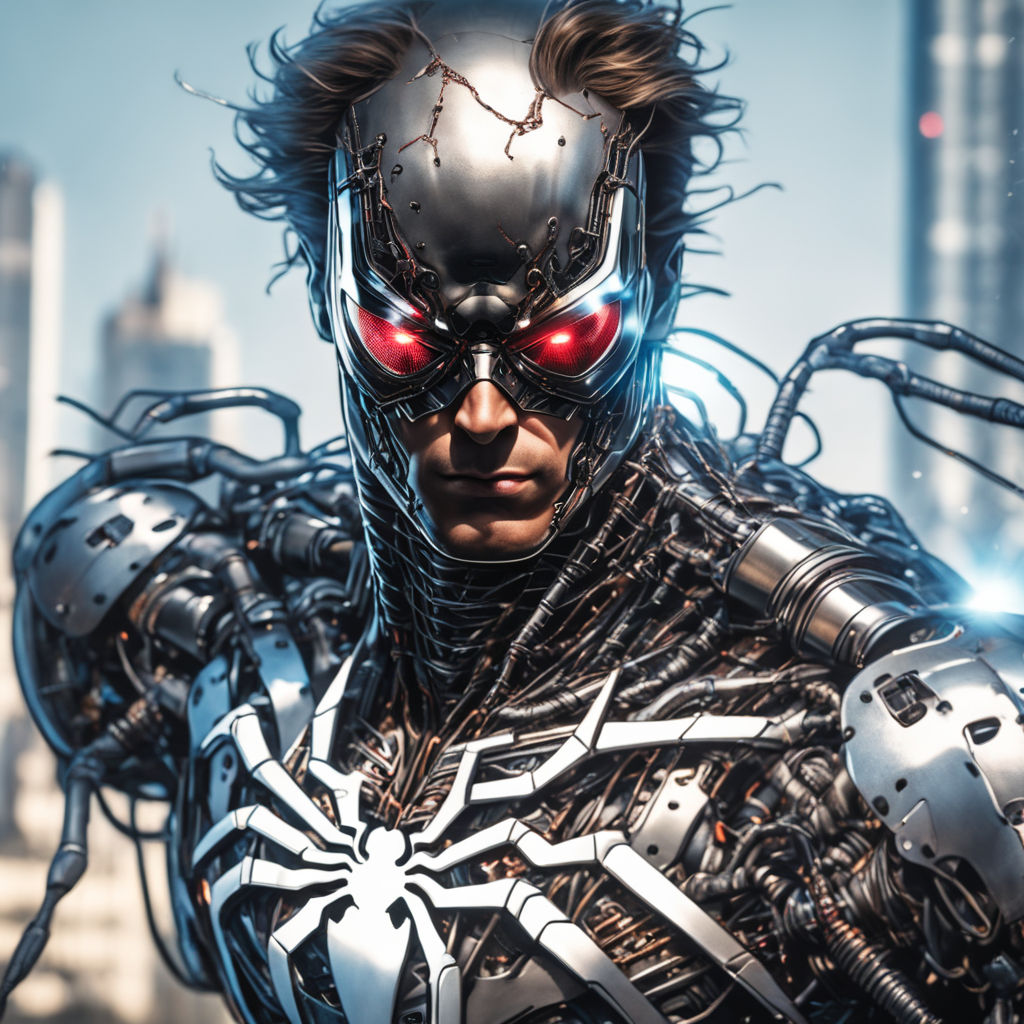 Cyborg Spider-Man He wears a metallic mesh suit with an electronic circuit  spider emblem. His mask has a digital visor and metal wings that unfold  into the shape of spider legs. Uses