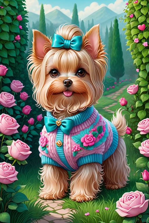 Prompt: Yorkshire terrier clad in a sweater and bow, strolling amidst rose bushes, kawaii-inspired digital art by Elaine Hamilton featuring Valentine Hugo's and Mario Dubsky's influence, trending cute artwork on ArtStation, detailed, fluffy, ideal for Valentine, 8k, ultra-fine digital render.