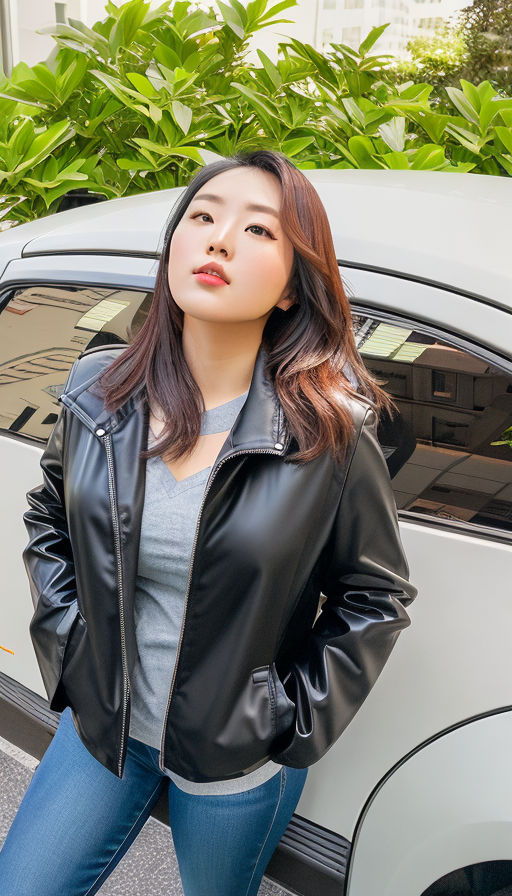 24 year old cute korean woman with leather jacket and leather