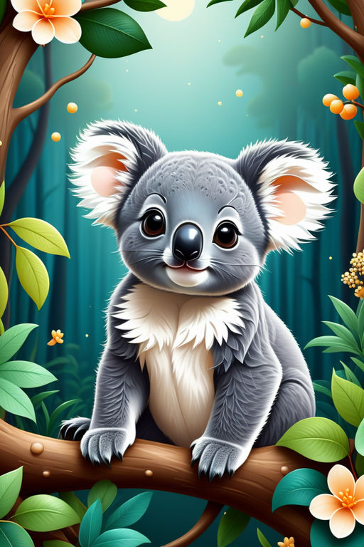 koala eats eucalyptus. fluffy koala fur and expressive eyes create a  touching image. Forest detailed background. 32K - Playground