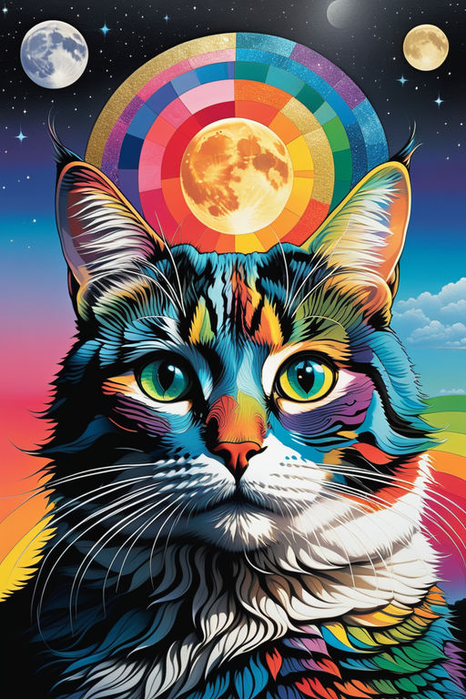 Domestic cat over a rainbow