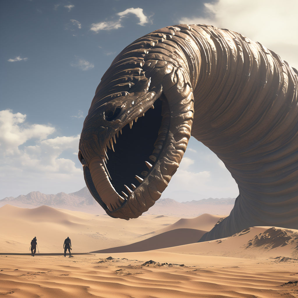 dune, huge sandworm unleashed out of sand in a desert