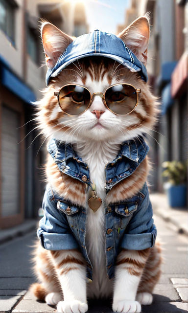 chic cat charisma wearing coat, wearing sunglasses, funny, fashion