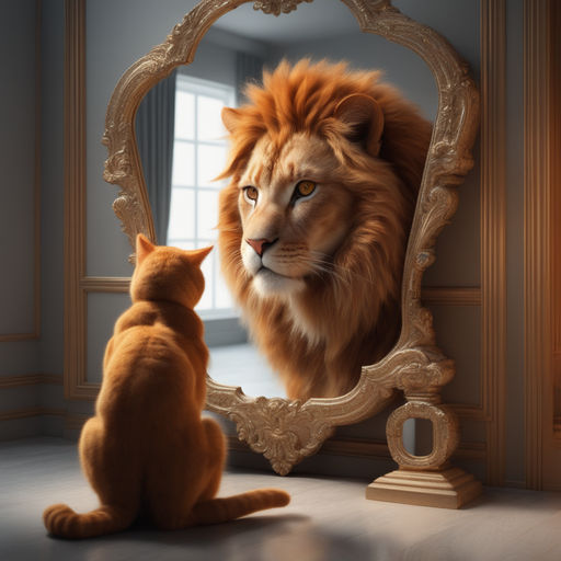 cat looking in mirror lion