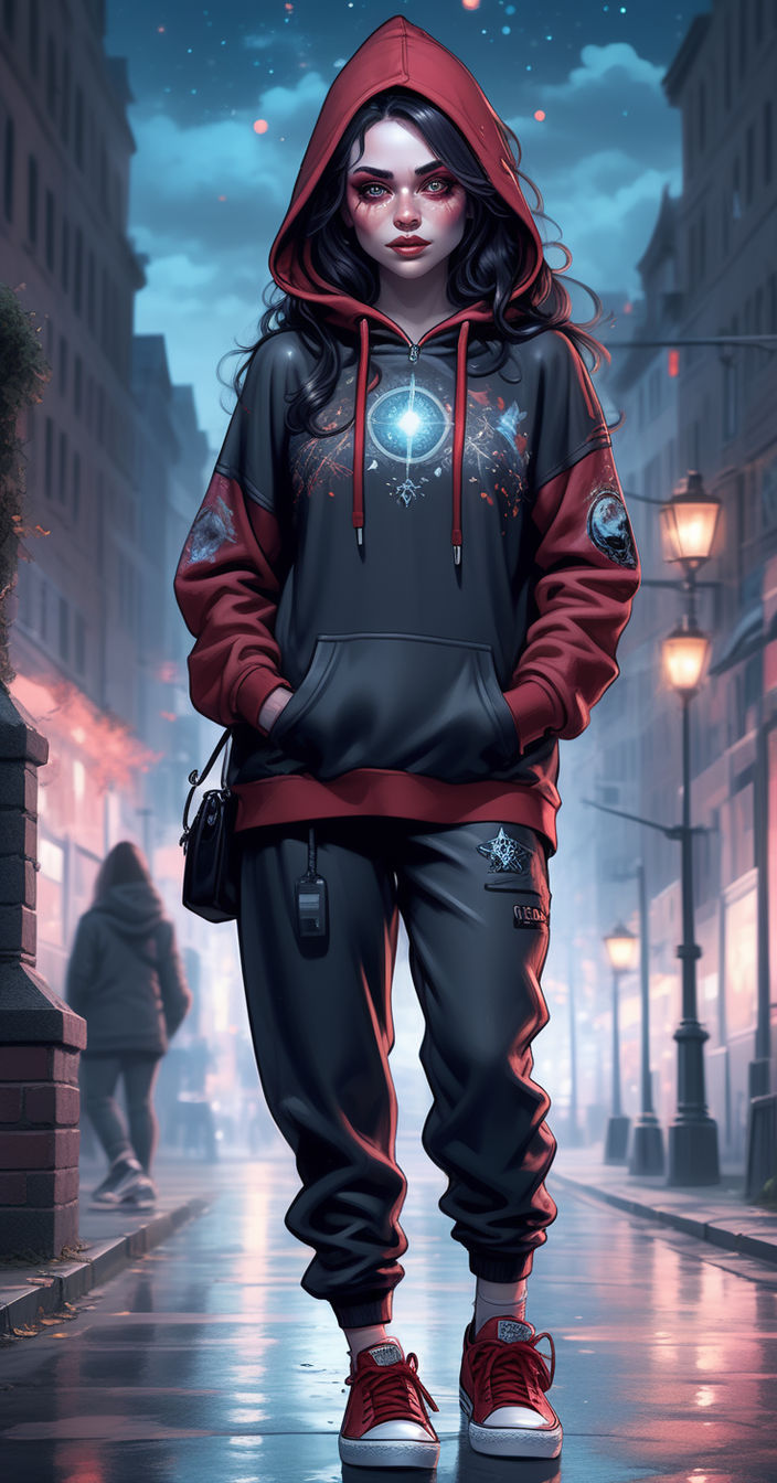 Anime character with dark green hair, black hoodie with purple hood, gray  pants, red shoes. blue eyes. and a male human