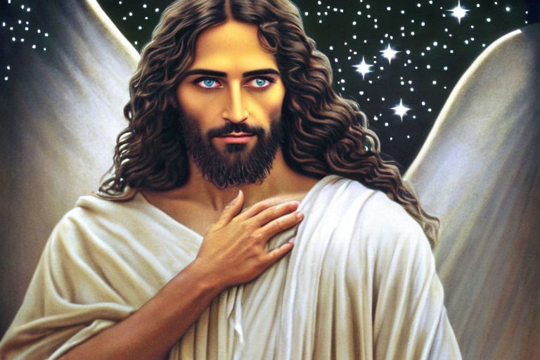 Prompt: Jesus, male, man, dreamy, long hair, beautiful eyes, beautiful mouth, black curly long hair, nice body, open eyes, long lashes, stars, happy, smiling, beautiful, man, men, no hand, arms wide spread, Jesus Christ, handsome, sexy, naked, , sf, intricate artwork masterpiece, ominous, matte painting movie poster, golden ratio, trending on cgsociety, intricate, epic, trending on artstation, by artgerm, h. r. giger and beksinski, highly detailed, vibrant, production cinematic character render, ultra high quality model