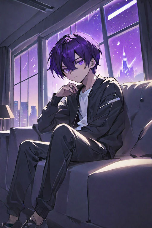 Short dark purple fluffy hair; beautiful light blue eyes; sharp teeth;  small ears; tan skin ripped body build; clothes; very handsome; incredible  face; anime style; manga style; beautiful ; detailed; delinquent; teenager;