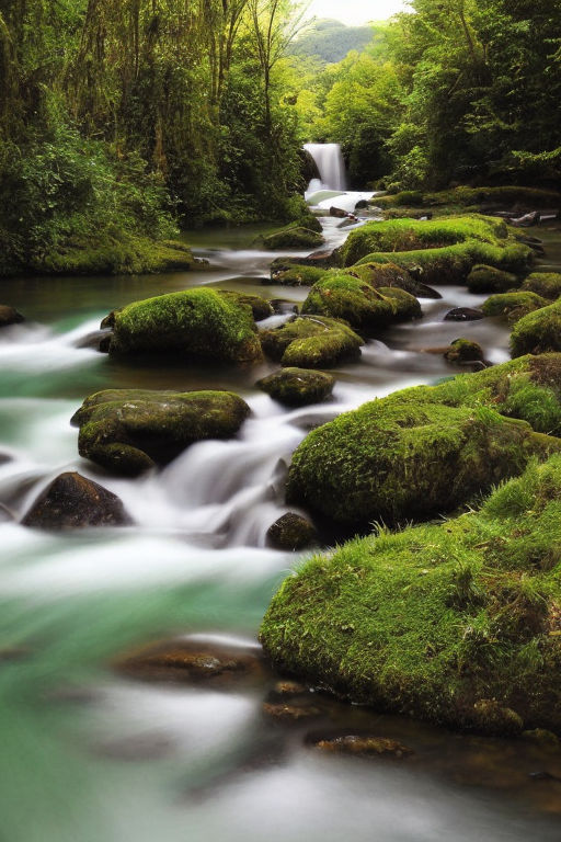 A DSLR photo of a woman fly fishing in a serene mountain stream