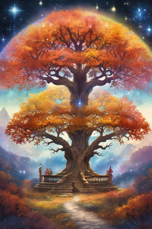Mystic Colorful Tree of Life Yggdrasil Rainbow Watercolor Girls