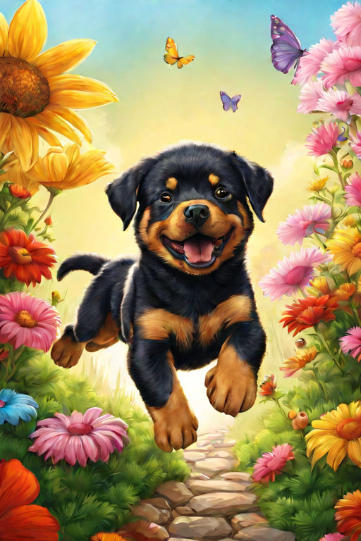 Prompt: fullview of 3d cartoon baby puppy rottweiler jumping and cheering in garden, sun rays, happy flowers, magic athmosphere, vivid colors, happy, ultra hd, realistic, vivid colors, highly detailed, UHD drawing, pen and ink, perfect composition, beautiful detailed intricate insanely detailed octane render trending on artstation, 8k artistic photography, photorealistic concept art, soft natural volumetric cinematic perfect light