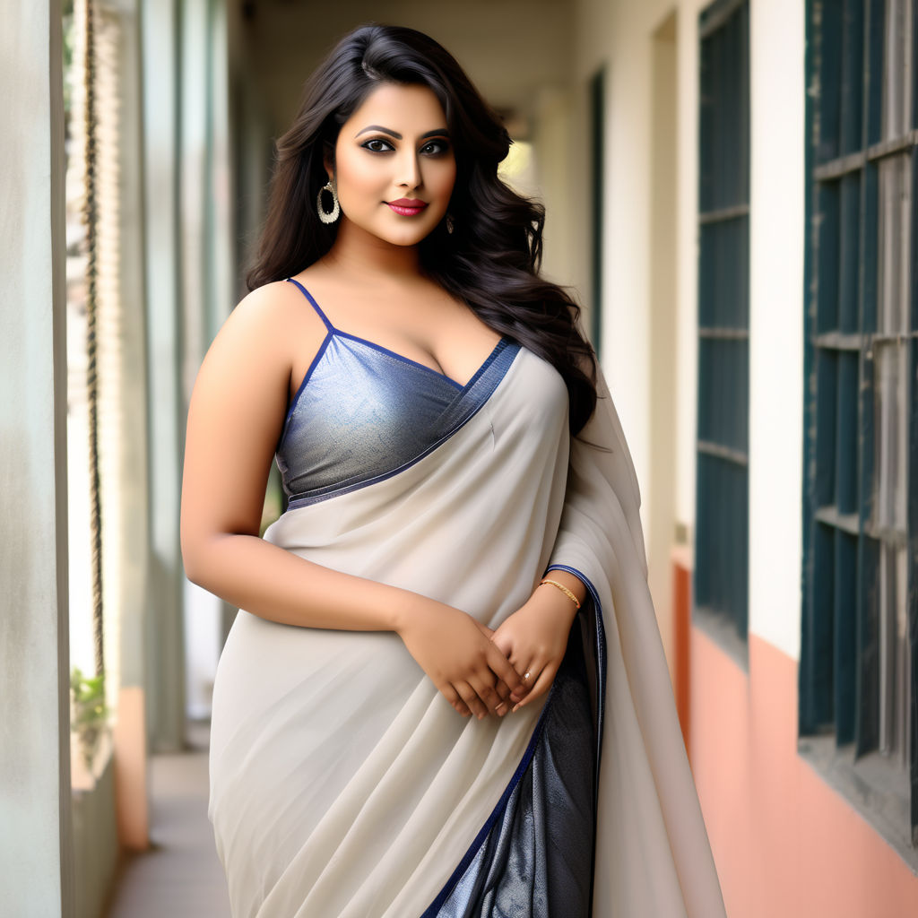 Sultry plus size well endowed full figured size 44 Bengali woman in  transparent red chiffon saree deep cuts sleeveless halter bustier wide deep  neck blouse size 44 in front of blackboard. - Playground