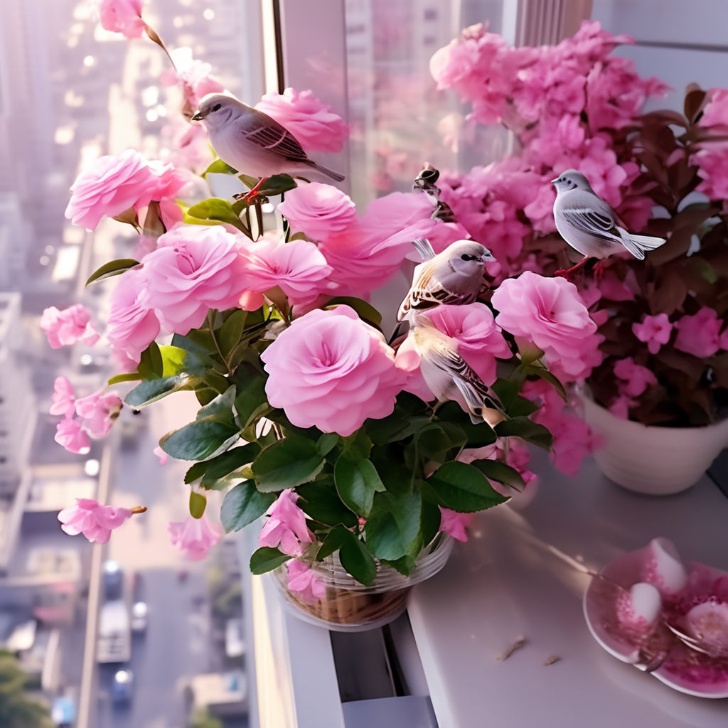 Landscape flowers with birds pink - Playground