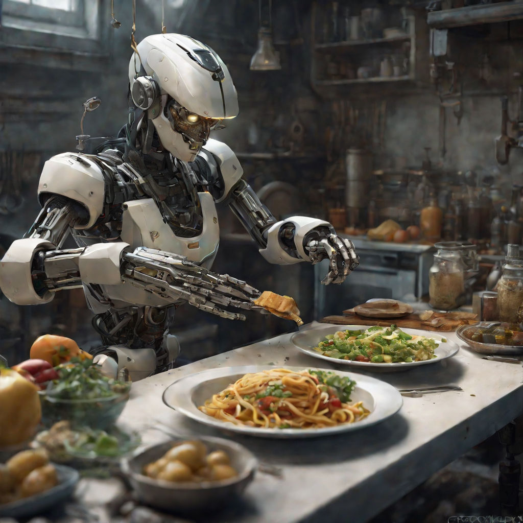 An arm robot cooking on a table preparing tacos in a food truck on Craiyon