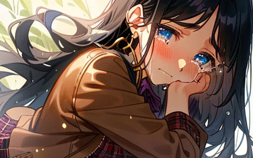 sad anime girl crying with brown hair and blue eyes