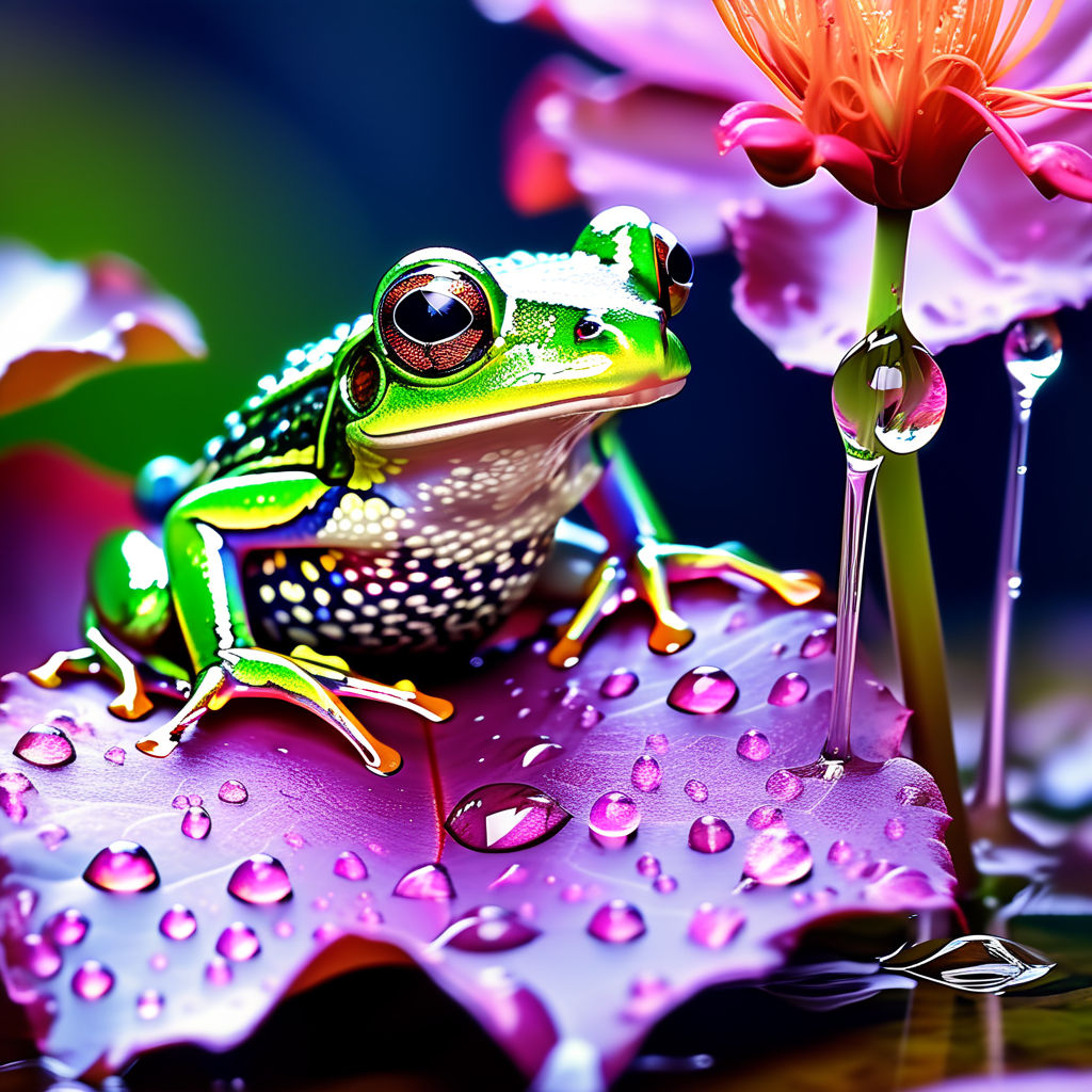 a frog fishing on a lily flower boat in a rgb lake nebula - Playground