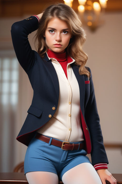 A woman with curly blonde hair in a ponytail. She's wearing a brown blouse  with blue stripes and red pants - Playground