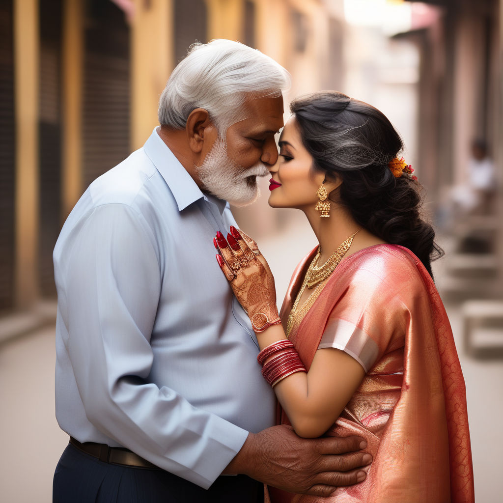 indian young actress kissing ugly elderly man Couple Standing in front of  camera Biting lips Big boobs In front of people - Playground