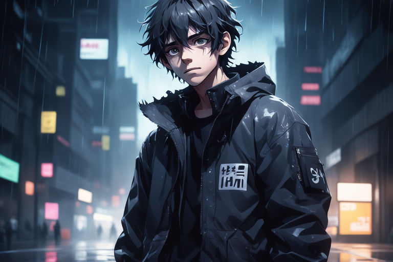 Anime eboy smoking in the rain