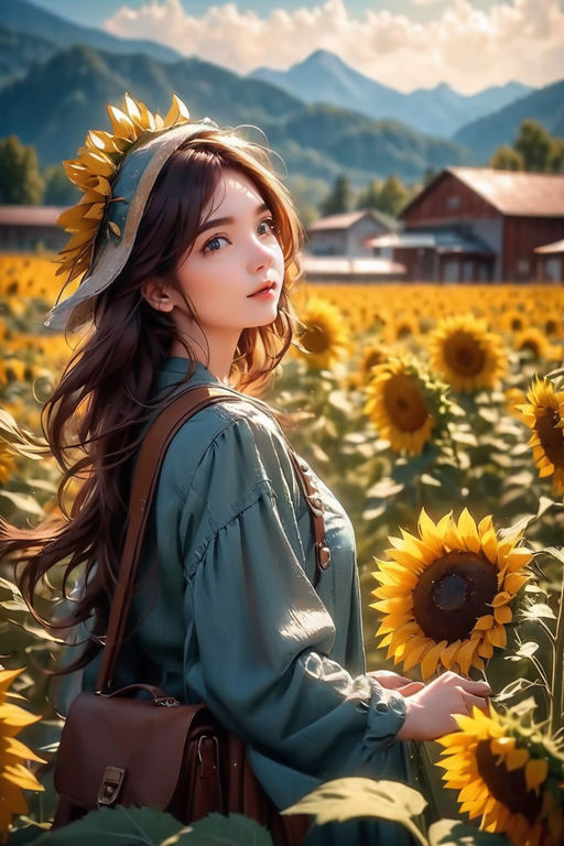 Cute Anime Girl in a Hat on a Background of Sunflowers and Sky