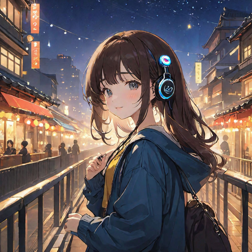 brown hair anime girl with headphones