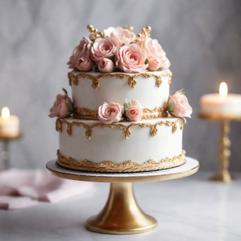 apical tier exposing a nostalgic vanilla cake hugged by ethereal snow-white  buttercream. Fondant swirls displaying radiant golden tone and an  assortment of edible gold leaf details depicting a sophisticated story  along the