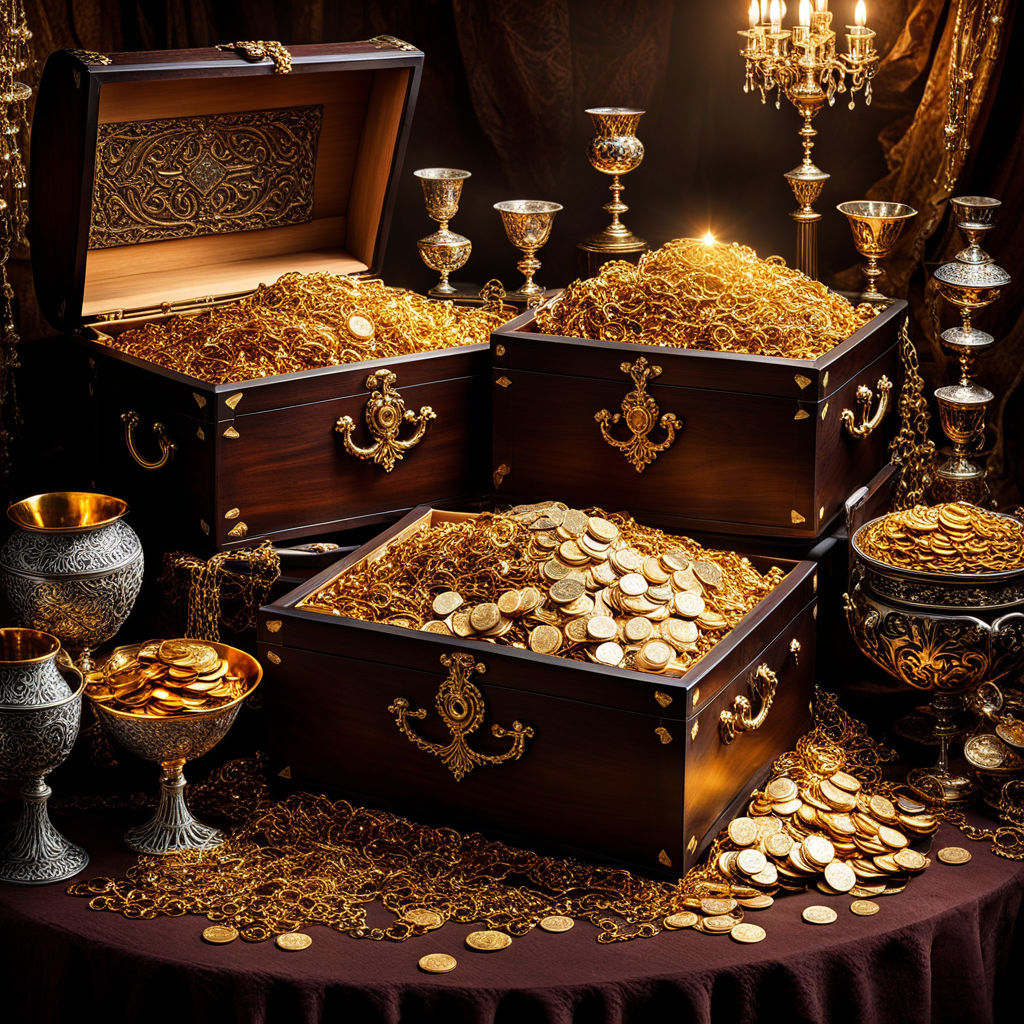 illustration of opened treasure chest full of gold coins and