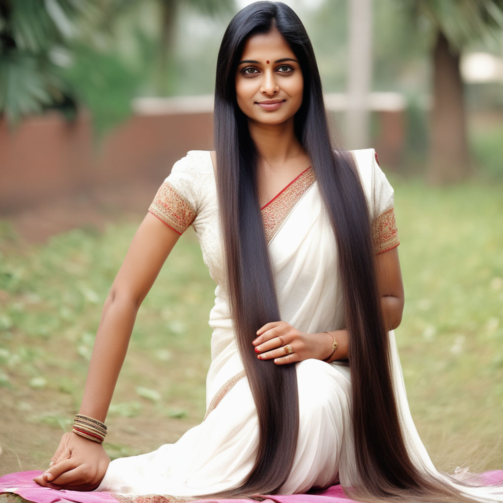 long straight black hair in white top and blue jeans deep cleavage white  saree standing in house backyard