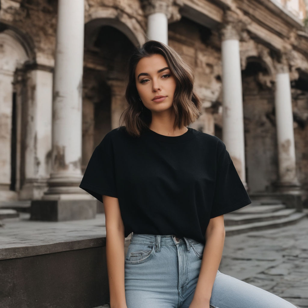 Foto de Attractive young woman in oversized white t-shirt, being