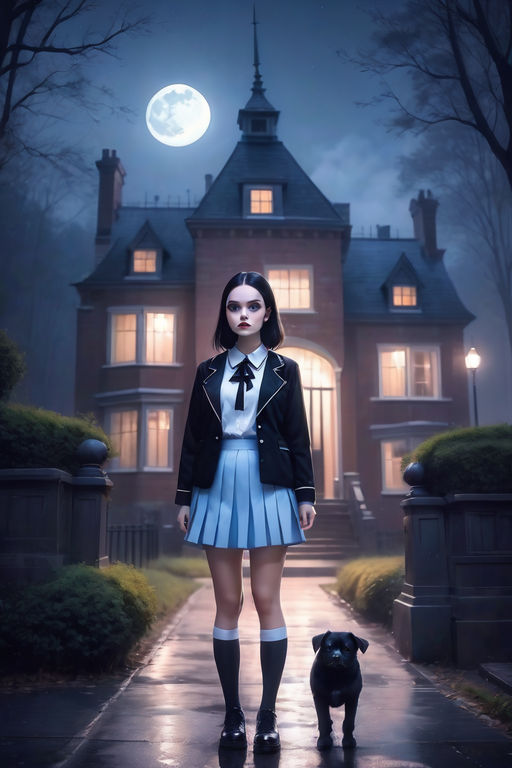 full body image of Wednesday Addams in a haunted house - Playground