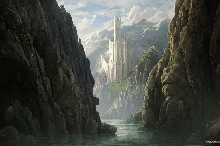 minas tirith, mountains, art deco, sense of awe, eerie