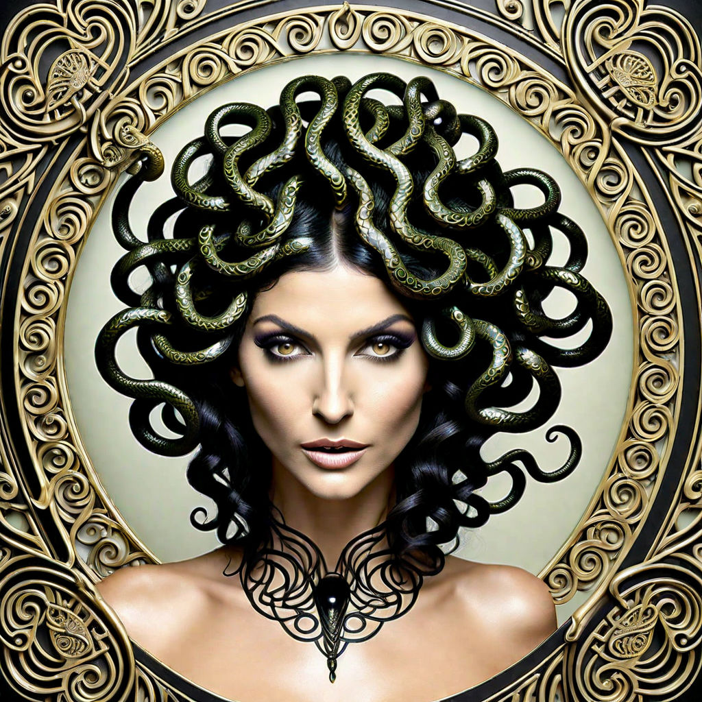 Medusa head with snakes instead of hair, hyper realistic, mystic