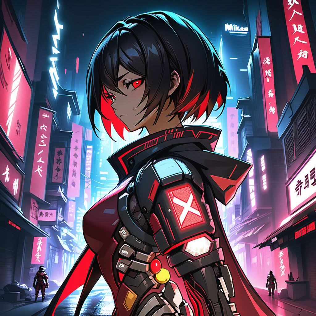 red eyes, Vhumiku, anime girls, anime, black hair, dog, cyberpunk