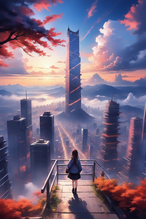 Create a stunning cinematic big anime wallpaper featuring a mesmerizing  futuristic cityscape with towering skyscrapers, vibrant neon lights  illuminating the bustling streets below, and an awe-inspiring anime  protagonist standing confidently at the