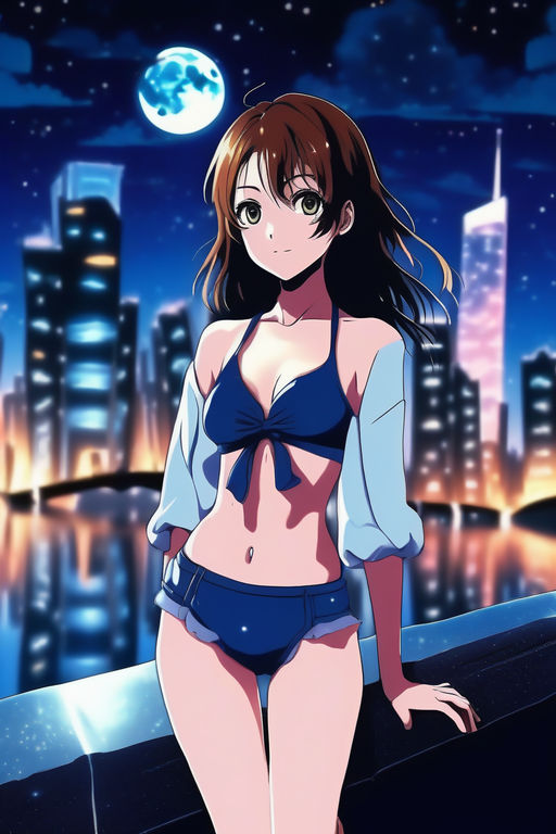 A full body photo of an anime girl, short hair, brown hair, wearing a red two  piece swimsuit, looking up camera angle, bright mid-day lighting from top,  dynamic pose