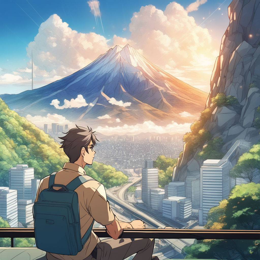 Anime man hiking in the mountains. Manga, cartoon drawing of character  looking at the nature landscape. Majestic moment of happiness and success.  Sad depressed emotions. Adventure lifestyle. Stock Illustration | Adobe  Stock