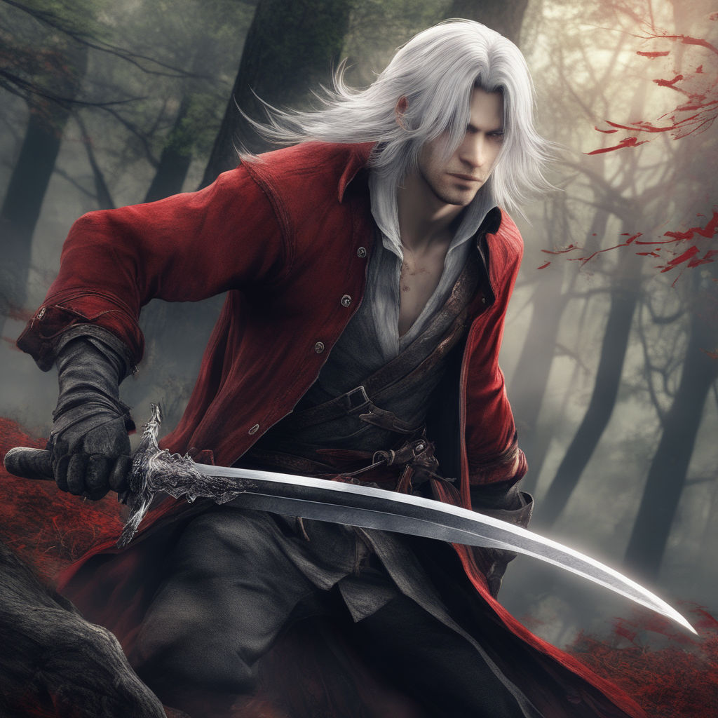 Dante, a warrior from devil may cry 5, striking a pose in front of a  crimson background