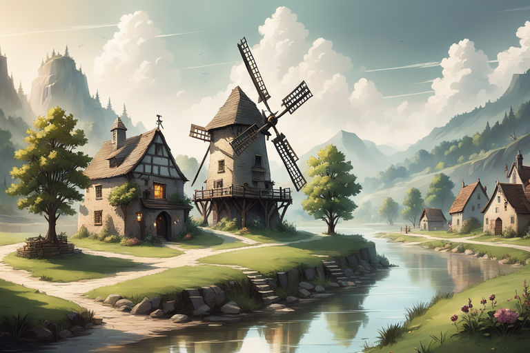 Cozy fantasy windmill in flower meadow, blue sky, long shadows, peaceful  afternoon. Japanese Anime Style Art Landscape Illustration Background Stock  Illustration | Adobe Stock