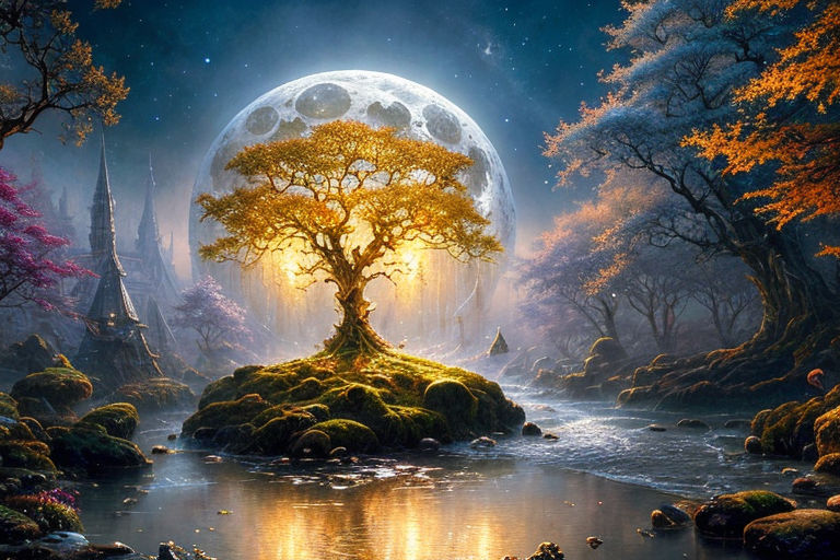 Wallpaper Reflection, Tree, Night, Music, Stars, Fantasy, Art, Concept Art  for mobile and desktop, section арт, resolution 1920x1280 - download