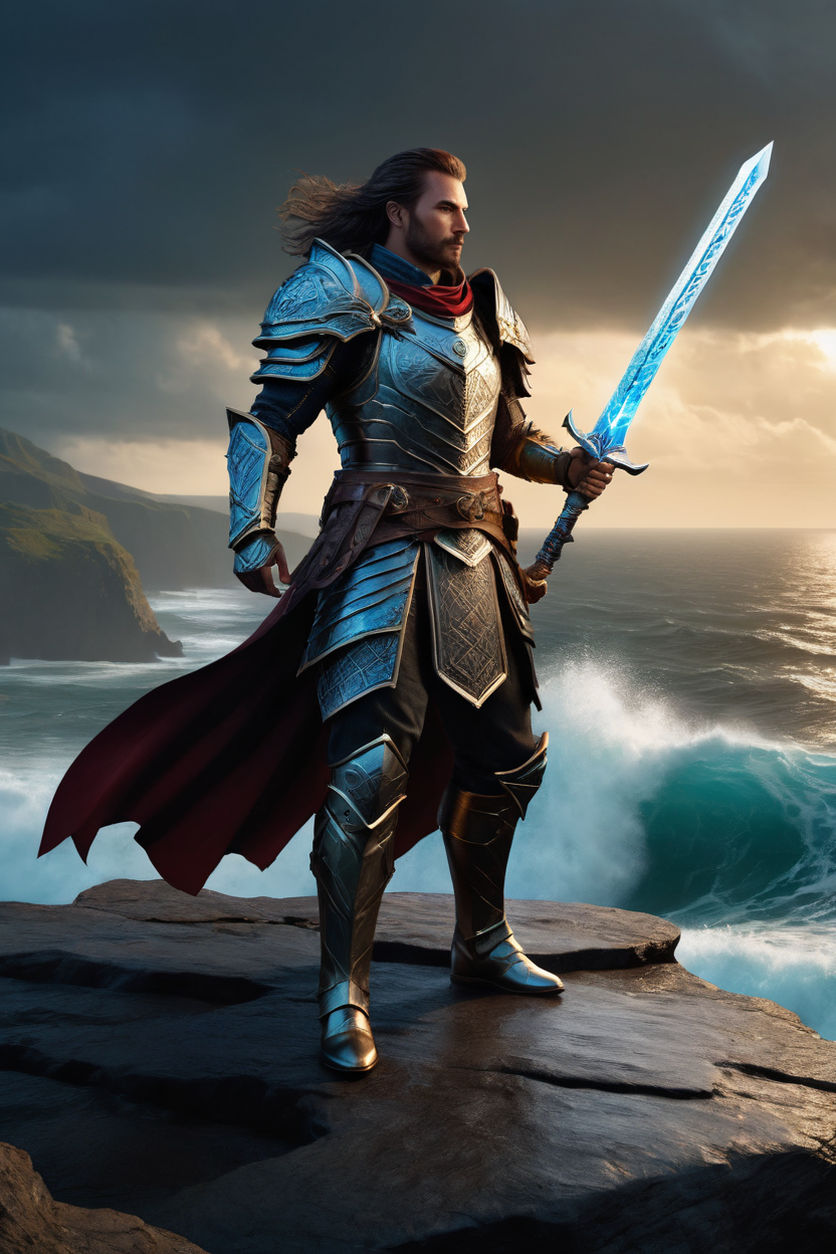 a man with a sword standing in front of a dark background