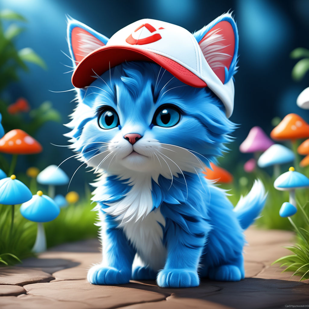 smurf cat, blue cat, cute cartoon blue kitten in a cap