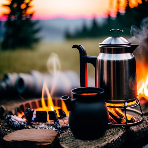 Coffee pot on camping fire, a tea kettle is over a campfire Sports &  Recreation Stock Photos