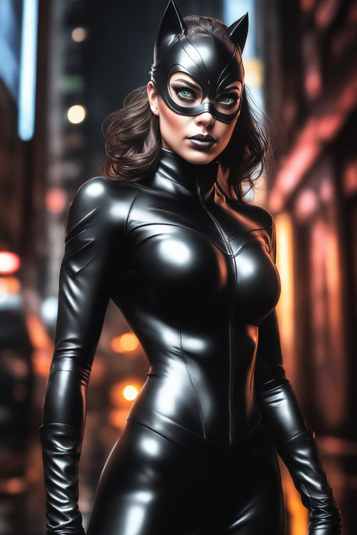 epic comic style. Cat woman from dc. Form fitting bodysuit. Enchanting.  dynamic pose - Playground