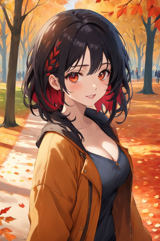 Beautiful anime girl, pale skin, long black hair with a red highlight,  opaque black dress, ruby red eyes, bare feet, spooky dark forest  background, pretty eyelashes