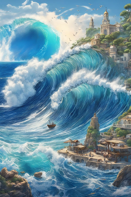 Premium AI Image | anime style a painting of rocks with waves crashing  against them