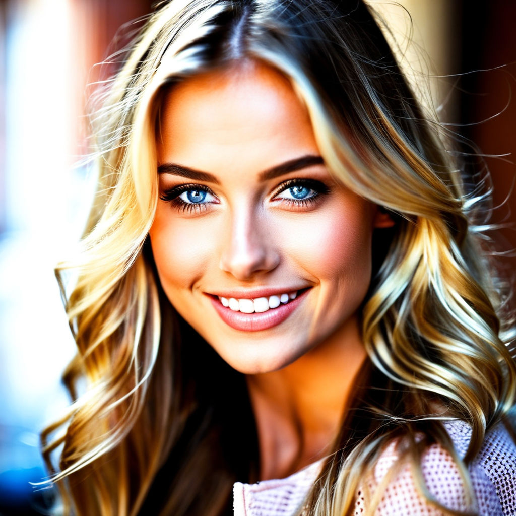 Woman, blond streight hair, big eyes, blue eyes, light skin, very