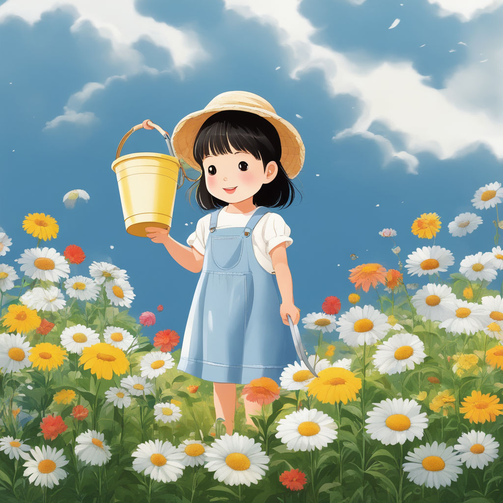 Cute Cartoon Girl on the meadow with flowers