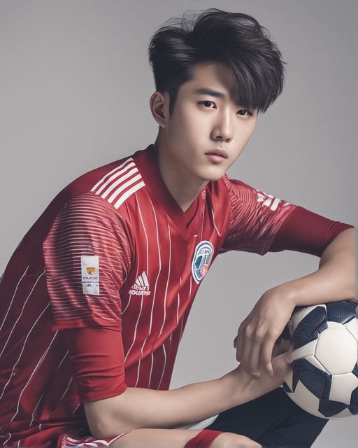 korean guy wear in red soccer jersey - Playground AI